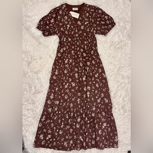 Universal Thread-Brown Floral Maxi Dress with Puff Sleeves